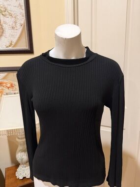 Frame Denim Black Ribbed Long-Sleeve Tee Mick Neck STRETCH. Medium